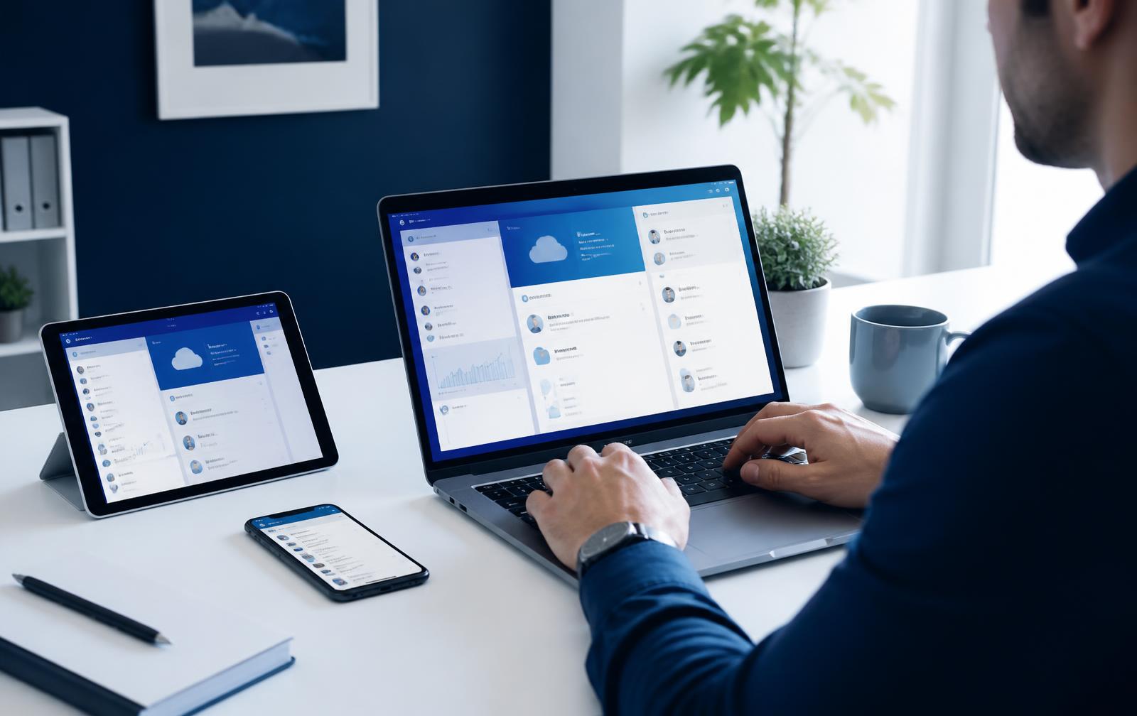 Business users securely accessing Microsoft 365 and cloud files from laptop, tablet, and phone